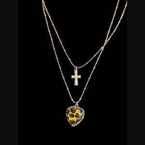 Betsey Johnson Double Layered Gold Tone Cross Leopard Heart Ball Bead 19" Chain
